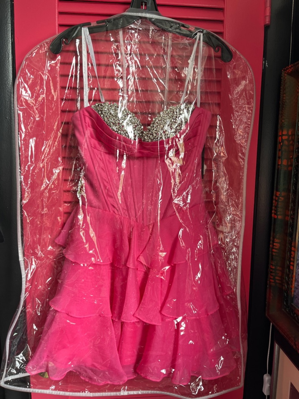 Beaded Bust Hot Pink Tiered Ruffle Prom Dress